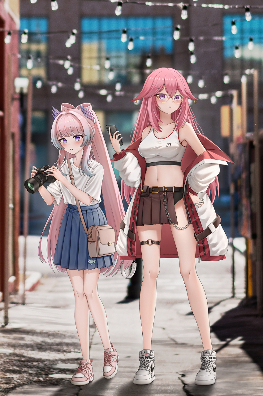 2girls absurdres alternate_costume bag bangs bare_legs bare_shoulders bespectacled blue_skirt blurry blurry_background blush breasts brown_skirt camera casual contemporary copo crop_top full_body genshin_impact glasses hair_flaps hand_on_hip height_difference highres holding holding_camera jacket large_breasts long_hair midriff multiple_girls navel off_shoulder open_clothes open_jacket outdoors parted_lips pink_hair pleated_skirt purple_eyes sangonomiya_kokomi shirt shoes skirt sneakers sports_bra standing stomach thigh_strap very_long_hair white_jacket white_shirt yae_miko