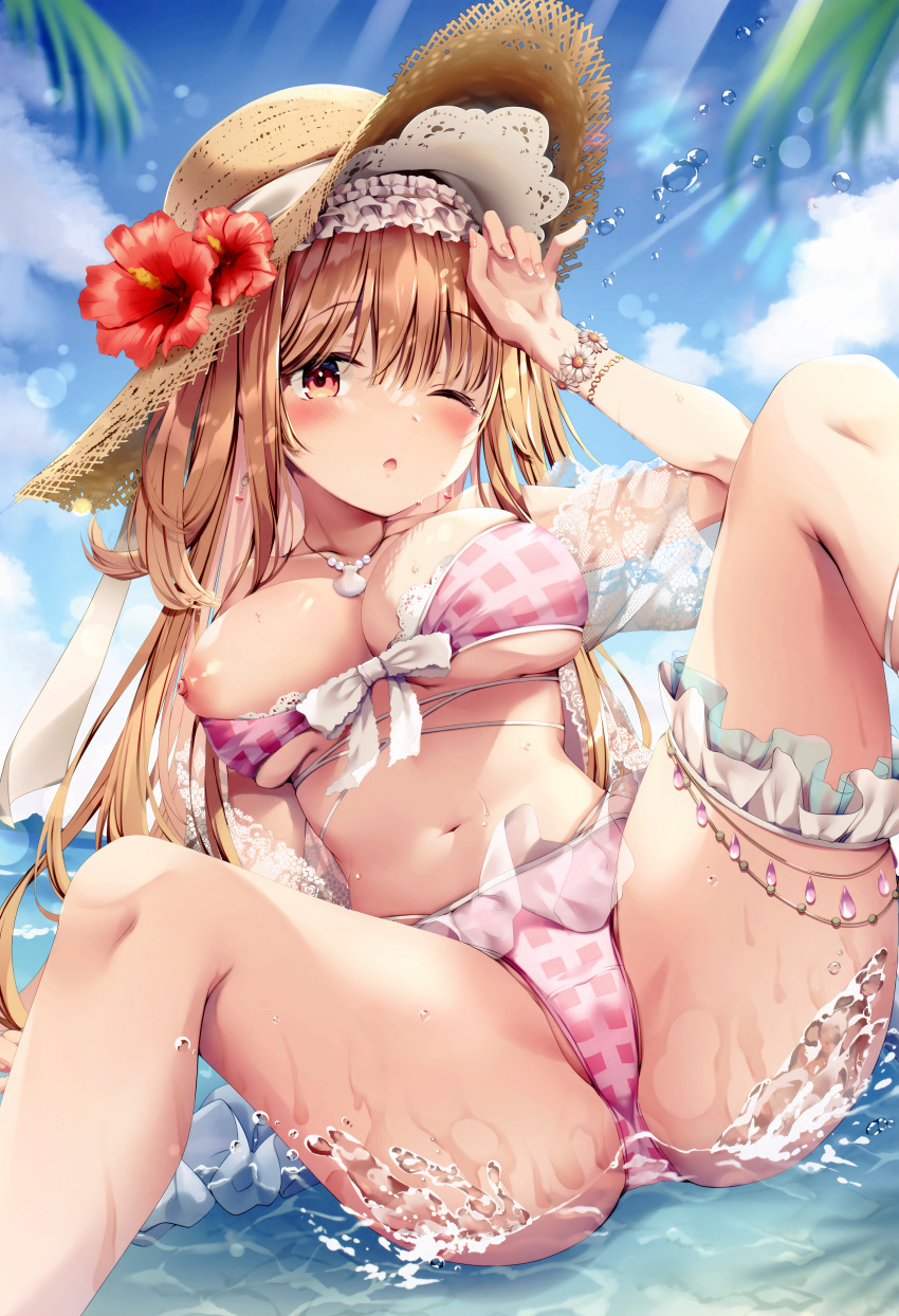 1girl ;d absurdres arm_support bangs beach bikini blonde_hair blush bow bracelet breasts bridal_garter character_request checkered_bikini checkered_clothes cloud day earrings feet_out_of_frame fingernails flower flower_bracelet frilled_hairband frills hairband hand_up hat hat_flower heart heart_earrings hibiscus highres jacket jewelry kinokomushi lace large_breasts lens_flare long_hair looking_at_viewer necklace nipples non-web_source ocean one_eye_closed open_mouth original palm_leaf pink_bikini red_flower shell_necklace sitting skindentation smile solo spread_legs sun_hat swimsuit teeth thighlet upper_teeth wardrobe_malfunction water wet white_bow white_hairband