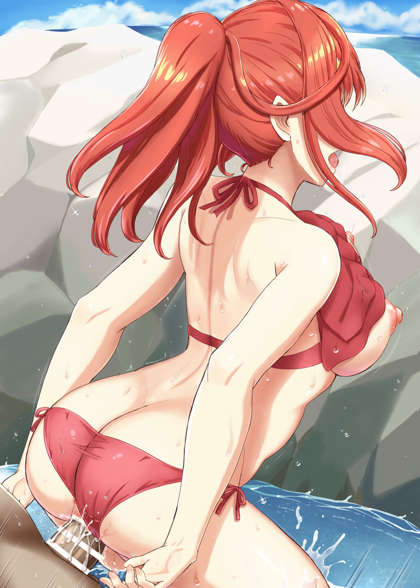 1boy 1girl absurdres ass back bikini bikini_lift blue_sky breasts butt_crack clothes_lift cloud commentary_request day go-toubun_no_hanayome hetero highres horizon inanaki_shiki large_breasts long_hair nakano_itsuki nipples ocean open_mouth outdoors penis ponytail red_bikini red_hair rock sex shoulder_blades side-tie_bikini_bottom sideboob sidelocks sky solo_focus swimsuit tongue tongue_out vaginal