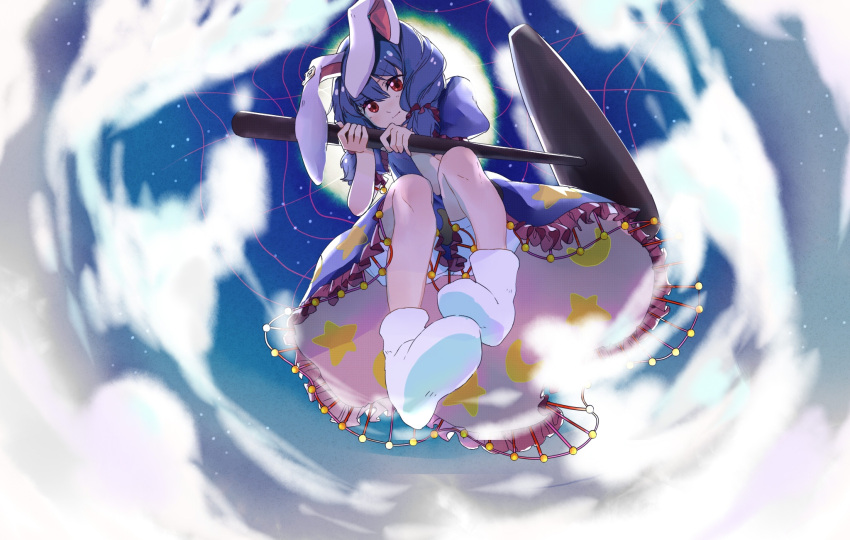 1girl animal_ears bloomers blue_dress blue_hair closed_mouth crescent_print dress earclip from_below full_body hair_between_eyes highres holding kine long_hair makura mallet puffy_short_sleeves puffy_sleeves rabbit_ears red_eyes seiran_(touhou) short_sleeves socks solo star_(symbol) star_print touhou underwear white_bloomers white_socks