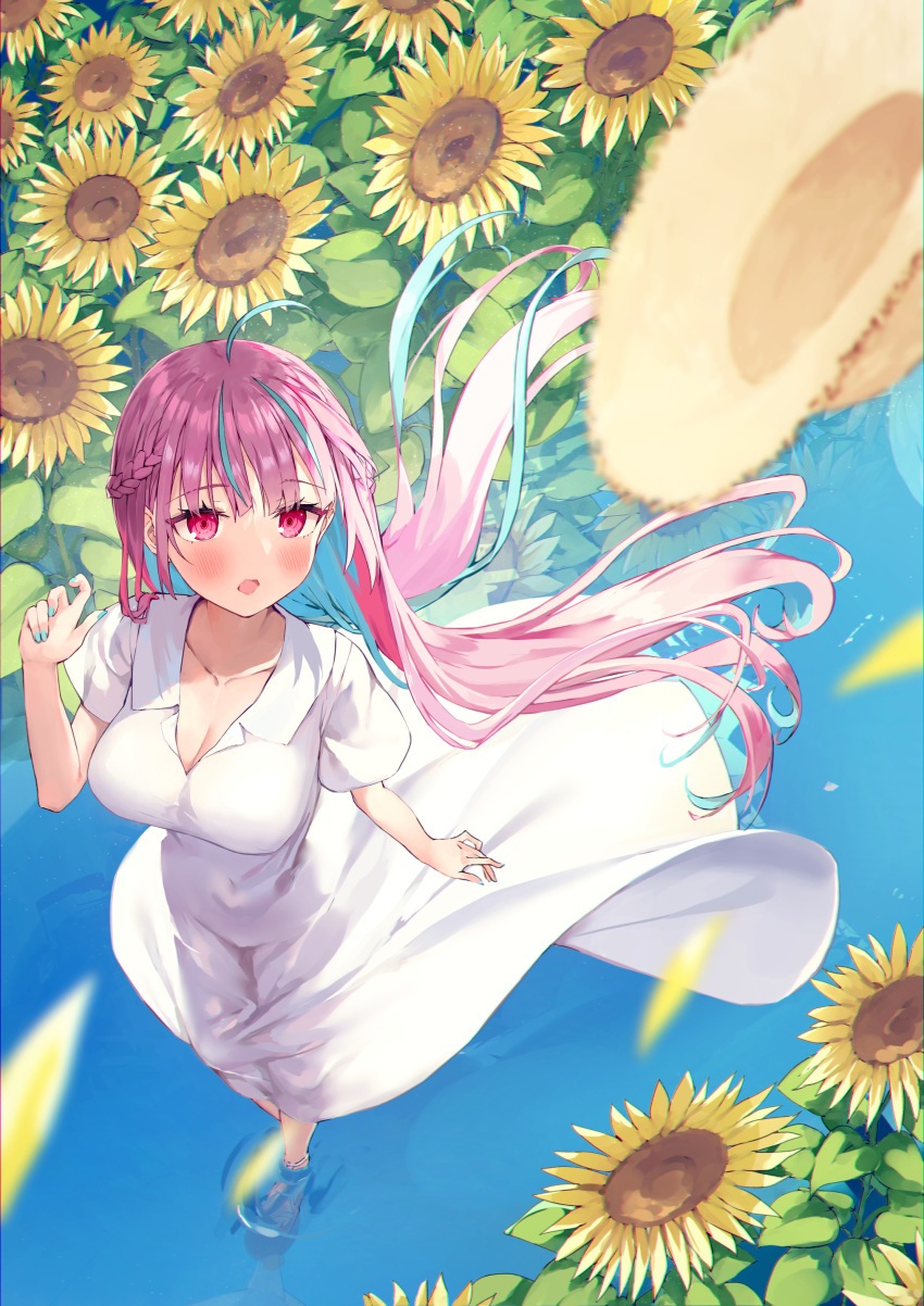 1girl absurdres ahoge blue_hair blush braid breasts cleavage colored_inner_hair dress floating_hair flower from_above hat hat_removed headwear_removed highres hololive large_breasts looking_up minato_aqua multicolored_hair nogami_(minamiituki) open_mouth petals purple_hair red_eyes reflection see-through see-through_silhouette short_sleeves soaking_feet standing sun_hat sunflower two-tone_hair virtual_youtuber water white_dress window yellow_flower yellow_headwear