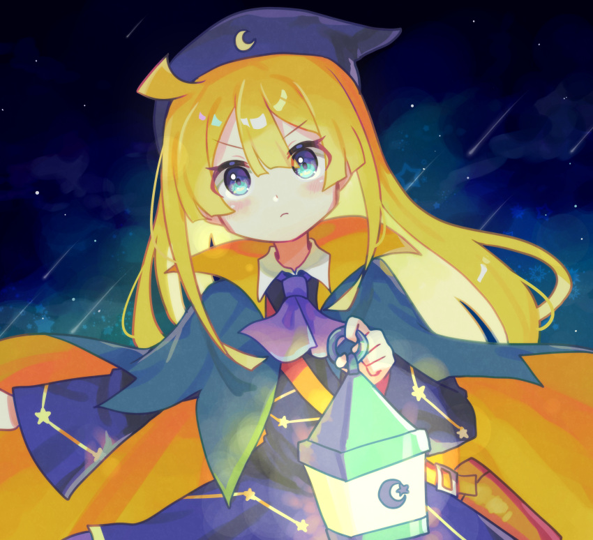 1girl absurdres ascot bangs blonde_hair blue_capelet blue_dress blue_eyes blue_headwear capelet closed_mouth dress falling_star highres lantern long_hair long_sleeves looking_at_viewer night night_sky offbeat outdoors purple_ascot puyopuyo sky solo star_(sky) starry_sky upper_body v-shaped_eyebrows witch_(puyopuyo)