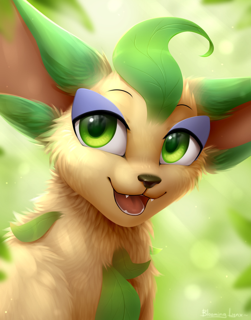 absurd_res ambiguous_gender big_ears black_nose bloominglynx blurred_background bust_portrait cheek_tuft cute_fangs eeveelution facial_tuft fur generation_4_pokemon glistening glistening_eyes green_body green_ears green_eyes green_fur hi_res leaf leafeon neck_tuft nintendo open_mouth open_smile pokemon pokemon_(species) portrait red_inner_ear red_tongue signature smile solo tongue tuft video_games yellow_body yellow_fur