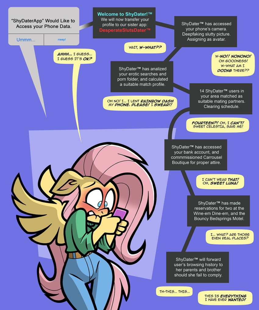 5:6 anthro blackmail blush cellphone english_text equid equine extortion female flustered fluttershy_(mlp) friendship_is_magic hasbro hi_res horse mammal my_little_pony pegasus phone pony questionable_consent scared smartphone solo submissive submissive_female text toonbat wing_boner wings