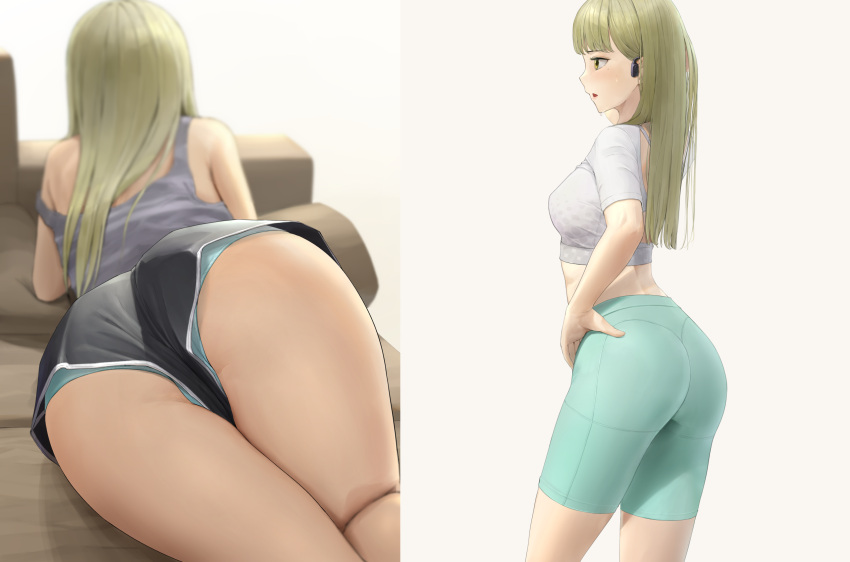 1girl ano_(gccx8784) aqua_panties aqua_shorts ass ass_focus bike_shorts black_shorts blonde_hair blush breasts couch crop_top grey_shirt highres long_hair lying medium_breasts multiple_views on_couch on_stomach open_mouth original panties profile shirt short_hair short_shorts shorts simple_background strap_slip tank_top underwear upshorts white_background white_shirt yellow_eyes