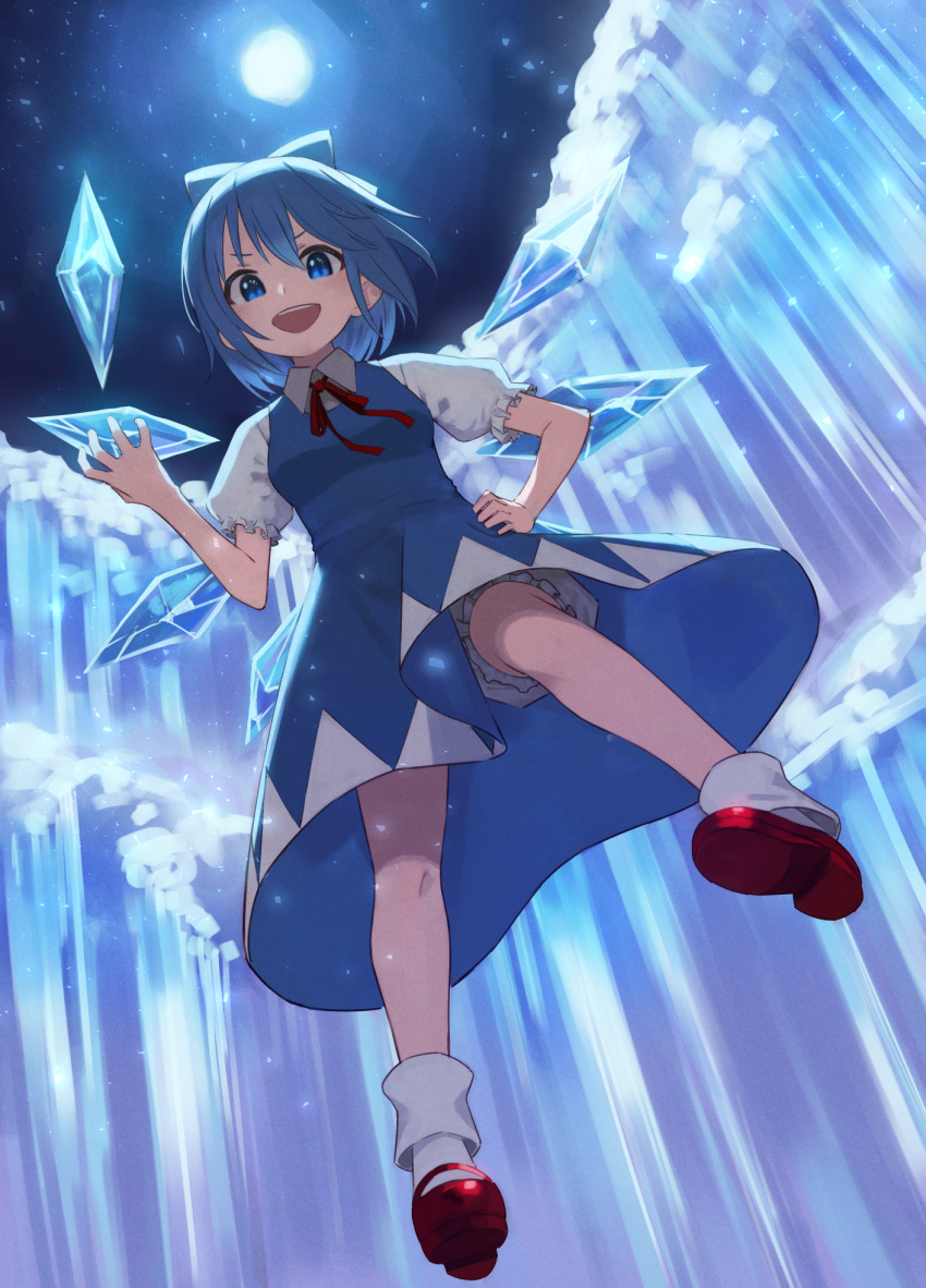 1girl :d bangs bloomers blue_bow blue_dress blue_eyes blue_hair bobby_socks bow breasts cirno cloud dress frills from_below full_moon hair_bow hand_on_hip hand_up highres ice ice_wings iceberg looking_at_viewer moon moonlight neck_ribbon night night_sky open_mouth pinafore_dress puffy_short_sleeves puffy_sleeves red_footwear red_ribbon ribbon shimizu_tomoki shoes short_hair short_sleeves sky small_breasts smile socks solo space star_(sky) starry_sky touhou underwear v-shaped_eyebrows white_socks wings