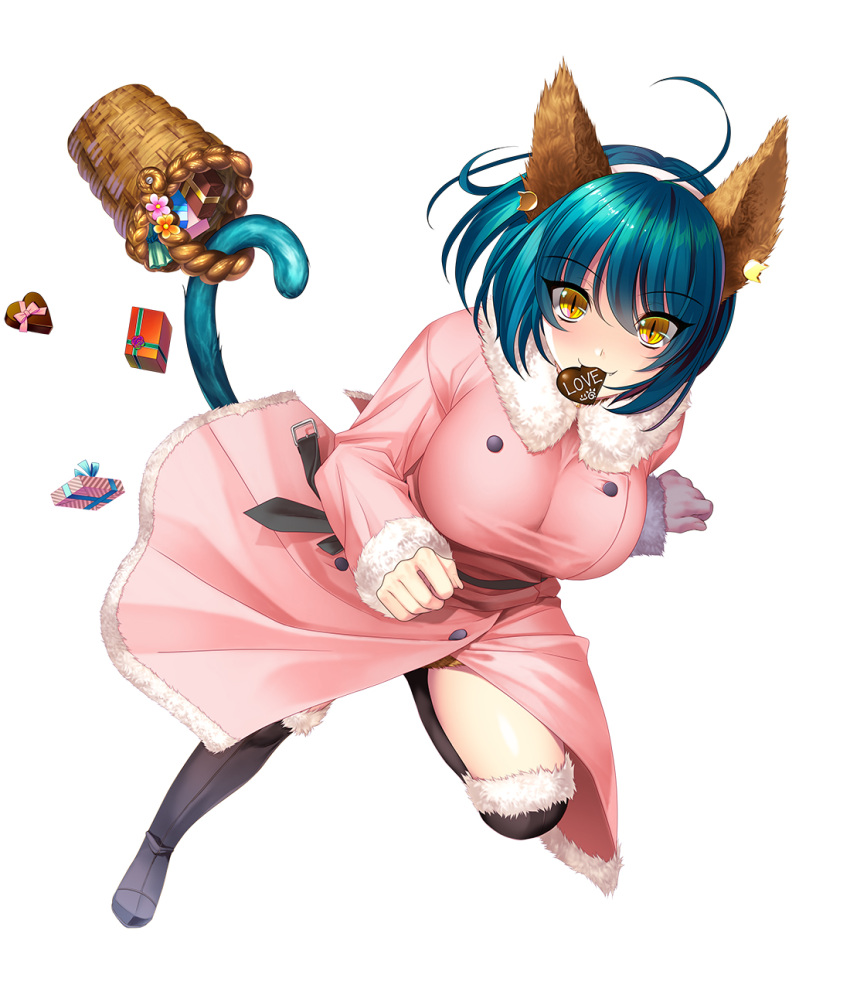 ahoge aikawa_arisa animal_humanoid basket belt big_breasts black_boots black_clothing black_footwear blue_hair blue_tail blush boots breasts candy cat_humanoid chocolate clothed clothing container dessert digital_media_(artwork) earmuffs felid felid_humanoid feline feline_humanoid female food footwear hair hi_res huge_breasts humanoid jacket light_body light_skin looking_at_viewer mammal mammal_humanoid merci_(taimanin_asagi) pink_clothing pink_jacket pink_topwear solo taimanin_(series) topwear white_hairband yellow_eyes