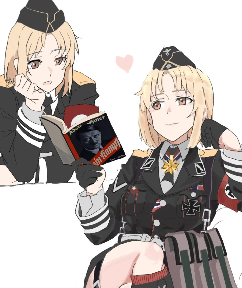 1girl 2girls adolf_hitler armband bangs black_gloves black_headwear black_jacket blonde_hair book breast_pocket breasts brown_eyes closed_mouth cross crossed_legs dual_persona garrison_cap girls'_frontline gloves hat head_rest heart highres holding holding_book iron_cross jacket large_breasts medal mein_kampf military military_uniform mp40_(girls'_frontline) multiple_girls nazi open_mouth perfect_han pocket short_hair simple_background uniform white_background