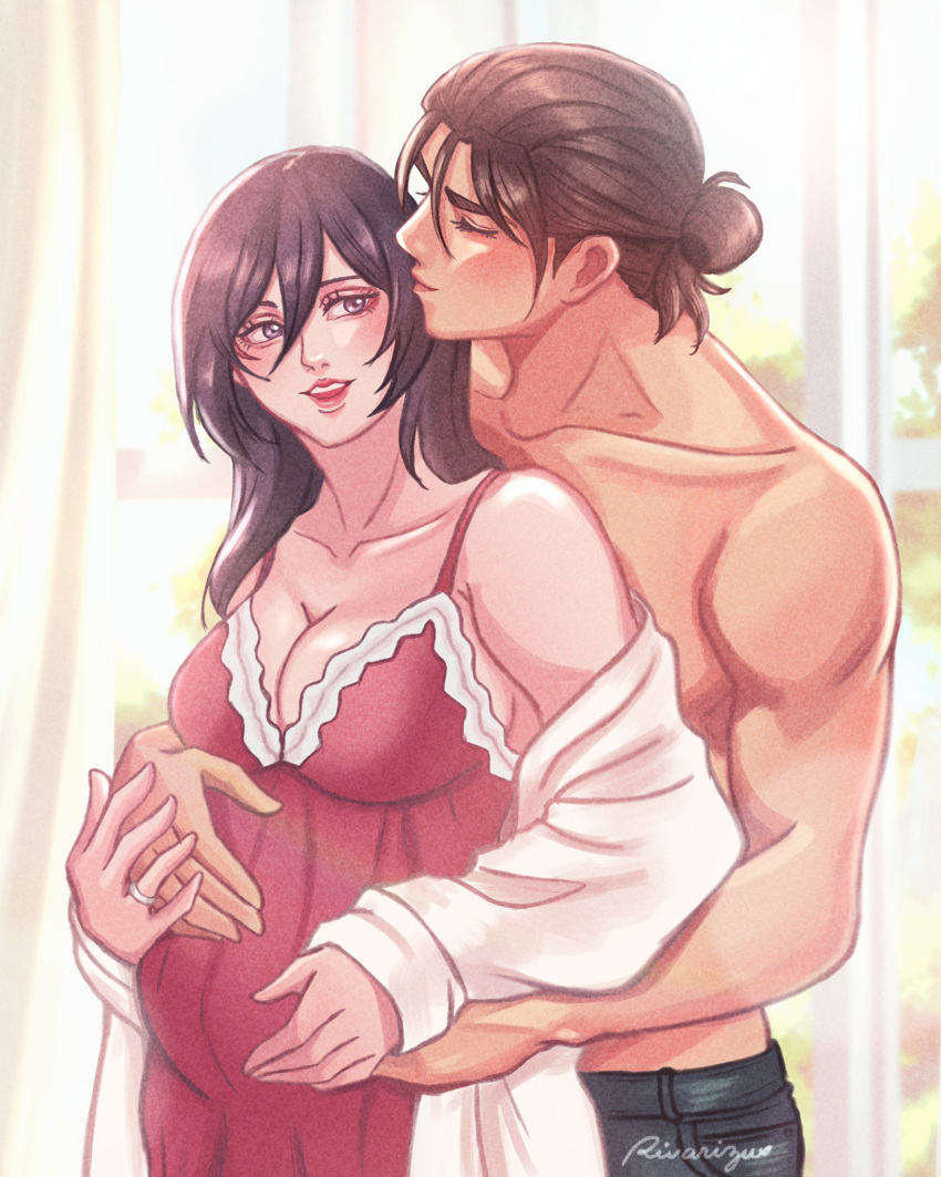 1boy 1girl bare_shoulders black_hair breasts brown_hair cleavage closed_eyes couple cowboy_shot curtains denim eren_yeager grey_eyes hair_between_eyes hair_bun hand_on_another's_stomach hand_on_own_stomach highres holding_hands indoors jeans jewelry kissing_hair large_breasts lingerie long_hair long_sleeves medium_hair mikasa_ackerman muscular muscular_male negligee nightgown off_shoulder open_mouth pants pregnant red_nightgown ring rivarizu scar scar_on_cheek scar_on_face shingeki_no_kyojin smile sweater topless_male underwear white_sweater window