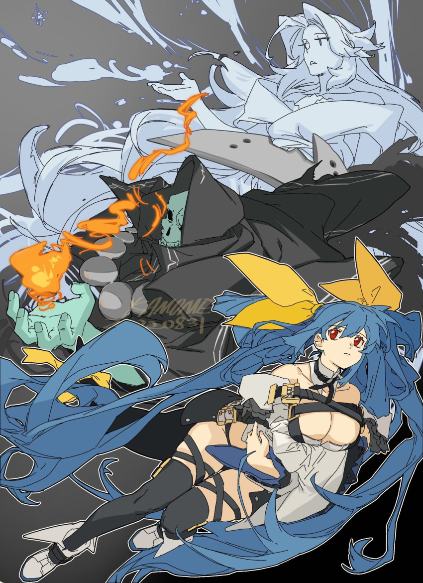 1boy 2girls amatuki artist_name asymmetrical_wings axe bangs bare_shoulders belt black_background black_panties black_thighhighs breasts choker cleavage closed_mouth collarbone crossed_arms dated detached_collar detached_sleeves dizzy_(guilty_gear) fire flame full_body guilty_gear guilty_gear_xrd hair_between_eyes hair_ribbon hair_rings highres holding holding_axe ice large_breasts long_sleeves looking_afar monster_girl multiple_girls necro_(guilty_gear) panties red_eyes ribbon simple_background skindentation tail tail_ornament tail_ribbon thick_thighs thigh_strap thighhighs thighs twintails underwear undine_(guilty_gear) wide_sleeves wings yellow_ribbon