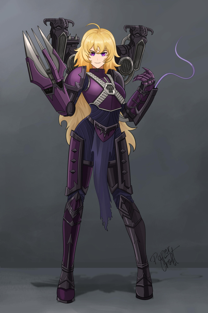 1girl absurdres ahoge armor blonde_hair chaos_(warhammer) claws colored_tongue commission crossover fleur_de_lis gauntlets highres long_hair papercroft power_armor purple_eyes purple_tongue rwby slaanesh slaanesh_(symbol) solo thighhighs warhammer_40k wavy_hair yang_xiao_long