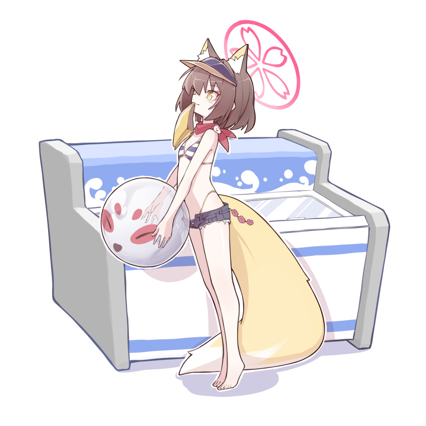 1girl absurdres animal_ears ball beachball bikini blue_archive blue_shorts brown_hair denim denim_shorts fox_ears fox_girl fox_tail freezer full_body halo highres holding holding_ball izuna_(blue_archive) izuna_(swimsuit)_(blue_archive) mmhomm short_hair short_shorts shorts simple_background solo standing swimsuit tail visor_cap white_background