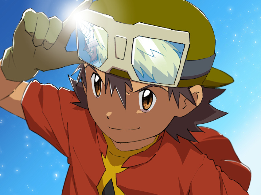 1boy agnimon bangs blue_background brown_eyes brown_gloves brown_hair brown_headwear closed_mouth digimon digimon_frontier digiyuzu gloves goggles goggles_on_head gradient gradient_background hand_up highres kanbara_takuya male_focus medium_hair portrait red_shirt reflection shirt smile solo sunlight