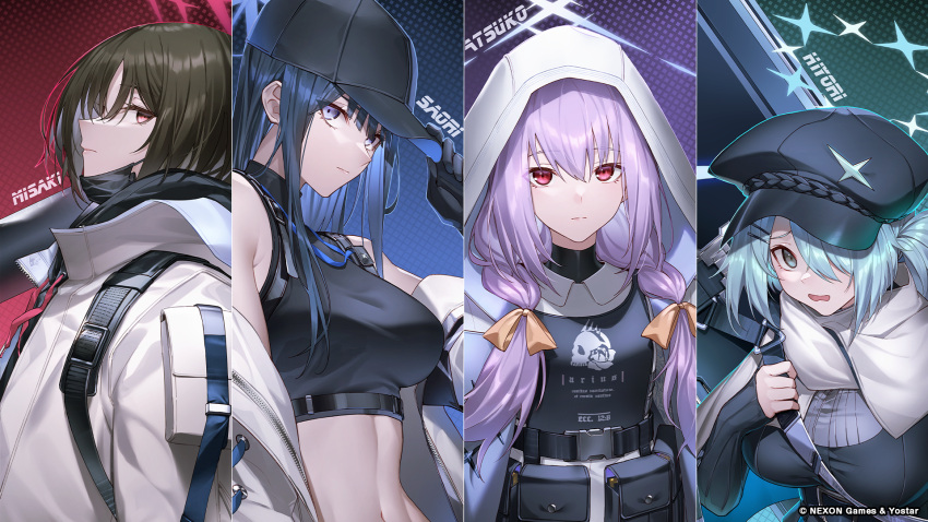 4girls aqua_hair atsuko_(blue_archive) bangs baseball_cap black_hair black_headwear black_shirt blue_archive breasts character_name closed_mouth crop_top famepeera green_hair hair_over_one_eye halo hat highres hiyori_(blue_archive) hood hood_up jacket large_breasts long_hair long_sleeves looking_at_viewer medium_breasts midriff misaki_(blue_archive) multiple_girls navel official_art open_clothes open_jacket purple_eyes purple_hair red_eyes saori_(blue_archive) scarf shirt short_hair tactical_clothes upper_body white_jacket