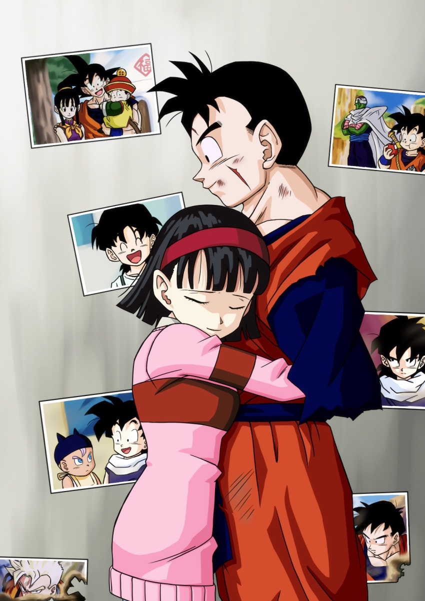 1boy 1girl amputee bruise bruise_on_face chi-chi_(dragon_ball) dougi dragon_ball dragon_ball_super dragon_ball_z hairband height_difference highres hug injury medium_hair official_style photo_(object) piccolo red_hairband scar scar_on_cheek scar_on_face son_gohan son_gohan_(future) son_goku susumu_(rei-h-0701) time_paradox toriyama_akira_(style) trunks_(dragon_ball) videl