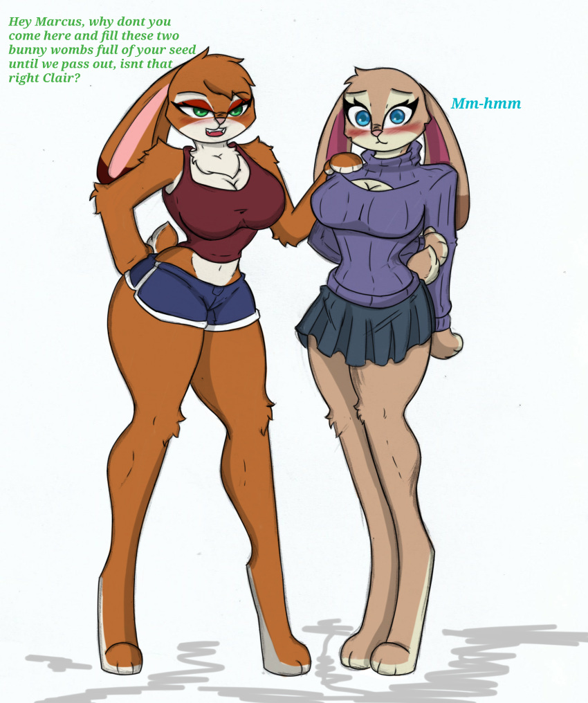 anthro big_breasts blush bottomwear breasts clair_(disambiguation) clothing disney duo english_text female grizzlygus hi_res hotpants jenna pace-maker shirt shorts sibling sister sisters sweater tank_top text thick_thighs topwear zootopia