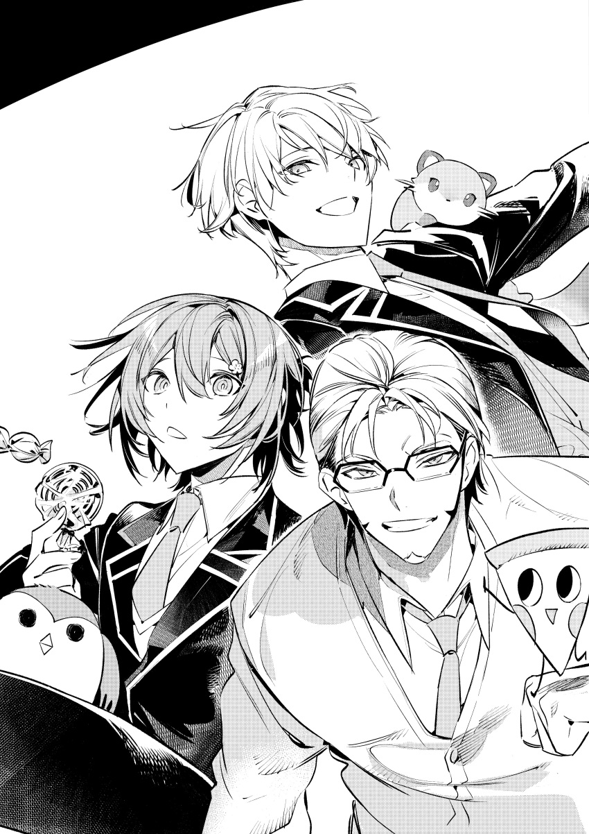 3boys :d absurdres animal_on_shoulder arurandeisu bangs beard bird blazer candy candy_wrapper cardigan chestnut_mouth clenched_hand collared_shirt creature_on_hand facial_hair ferret flower food glasses greyscale grin hair_between_eyes hair_flower hair_ornament hanasaki_miyabi highres hiyamaru holding holding_food holostars jacket kishido_temma kyomu_suzume lollipop looking_at_viewer male_focus monochrome mstarsgasuki multiple_boys necktie pants parted_bangs pizza school_uniform shirt short_hair simple_background smile sparrow swirl_lollipop upper_body virtual_youtuber white_background