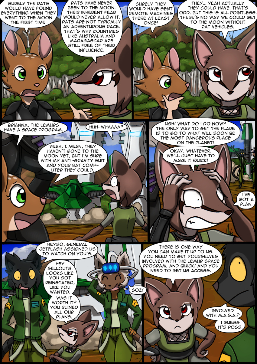 2015 absurd_res aircraft airship anthro armor black_body black_fur black_pupils blue_sky bray_(kitfox-crimson) breasts brianna_(kitfox-crimson) brown_body brown_fur clothed clothing cloud colored comic dasyurid dasyuromorph day dialogue dialogue_box english_text female fur green_clothing green_eyes grey_body grey_fur group hi_res hookturn_(kitfox-crimson) in_our_shadow jayrunner_(kitfox-crimson) kitfox-crimson lemur machine macropod male mammal marsupial mecha numbat outside pipa_(kitfox-crimson) plant primate pupils quoll red_eyes sky speech_bubble strepsirrhine text tree wallaby yellow_eyes