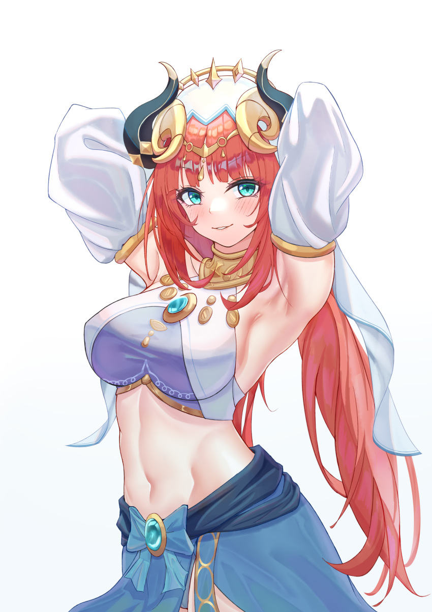 1girl absurdres armpits arms_behind_head arms_up bangs bare_shoulders blue_eyes blue_skirt breasts brooch commentary cowboy_shot crop_top detached_sleeves genshin_impact grin groin highres horns jewelry large_breasts linea_alba long_hair long_sleeves looking_at_viewer midriff navel nilou_(genshin_impact) parted_lips red_hair simple_background skirt sleeveless smile solo standing stomach styx veil very_long_hair white_background