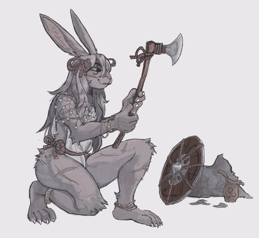 2022 anklet anthro biped bracelet claws digital_media_(artwork) facial_scar female fur grey_body grey_fur grey_hair hair hi_res holding_axe jewelry kneeling lagomorph leporid long_hair mammal rabbit scar scars_all_over shield simple_background solo toe_claws toffee_32 warrior white_background