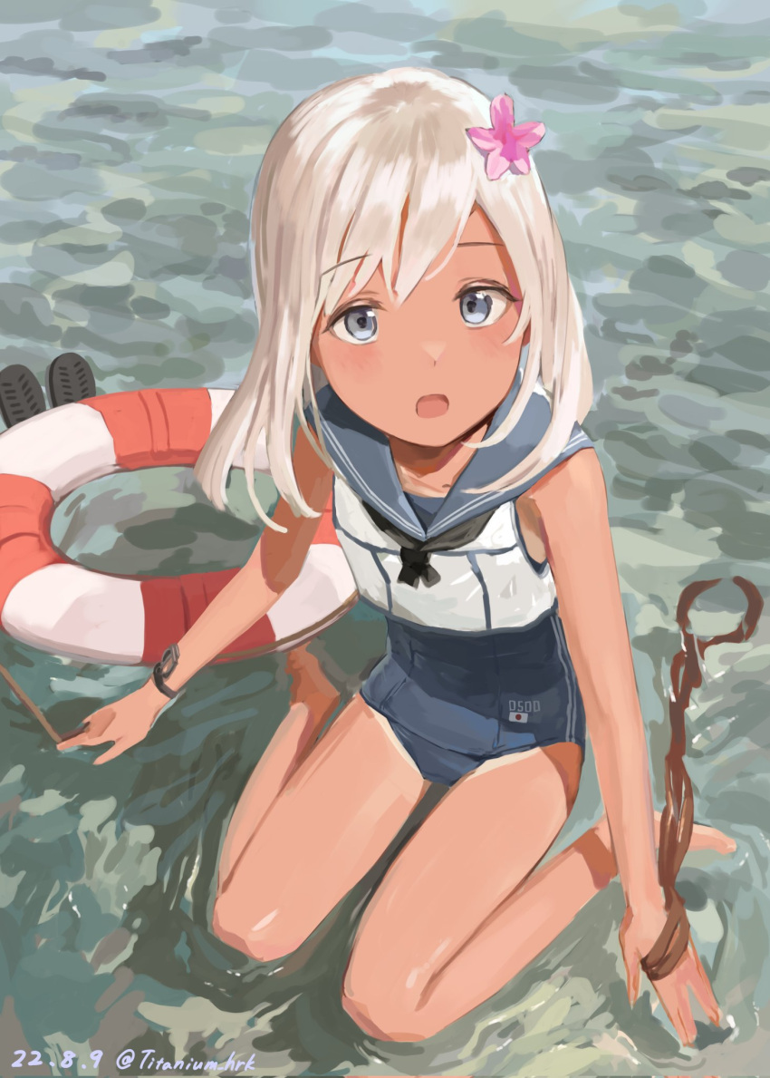 1girl blonde_hair blue_sailor_collar bracelet crop_top flower grey_eyes grey_one-piece_swimsuit hair_flower hair_ornament highres jewelry kantai_collection lifebuoy long_hair looking_at_viewer one-piece_tan ro-500_(kancolle) rope sailor_collar school_swimsuit sitting solo swimsuit swimsuit_under_clothes tan tanlines titanium_hrk wariza water