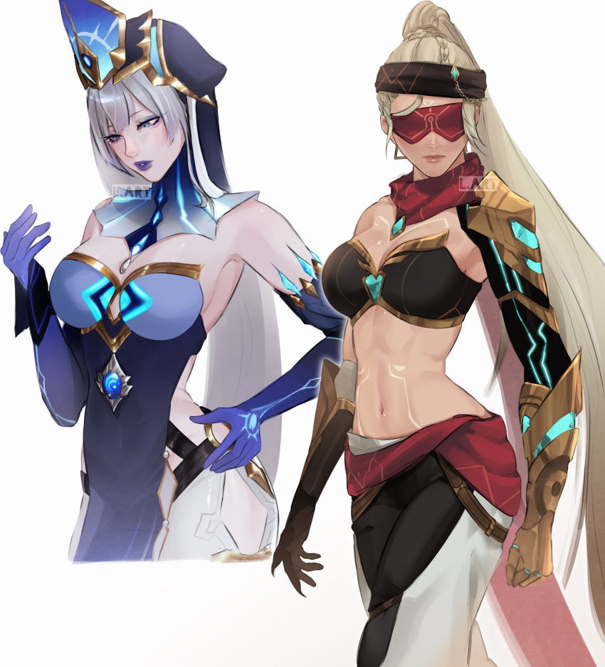 2girls absurdres armor blue_eyes blue_headwear blue_lips body_markings braid breasts character_request cleavage closed_mouth delusion_(genshin_impact) elbow_gloves eye_mask genshin_impact gloves highres hip_vent lart_art1 makeup mirror_maiden_(genshin_impact) multiple_girls navel pants standing stomach white_pants