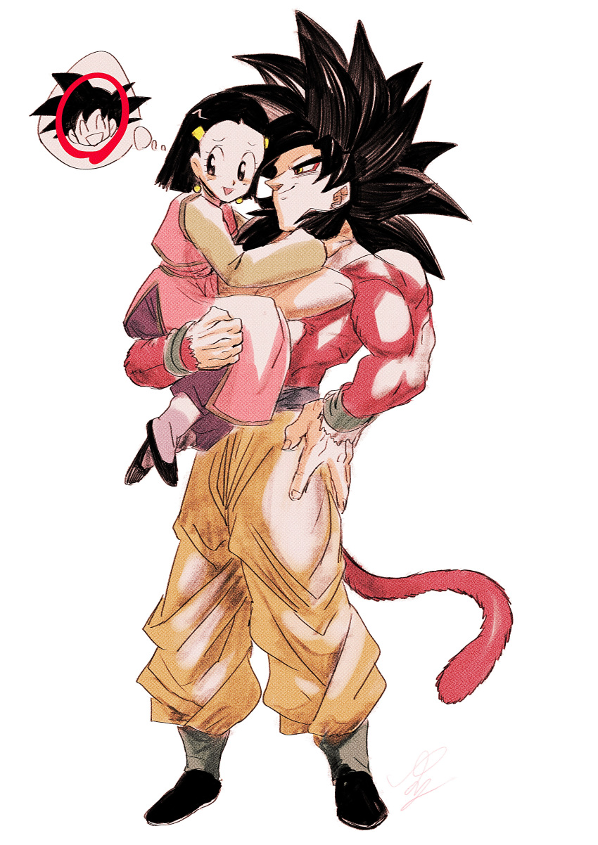 1boy absurdres body_fur carrying carrying_person chi-chi_(dragon_ball) couple dragon_ball dragon_ball_gt highres husband_and_wife looking_at_another monkey_boy monkey_tail muscular muscular_male pants red_fur short_hair smile son_goku super_saiyan super_saiyan_4 tail yellow_pants yuuri_(fukuroudou)