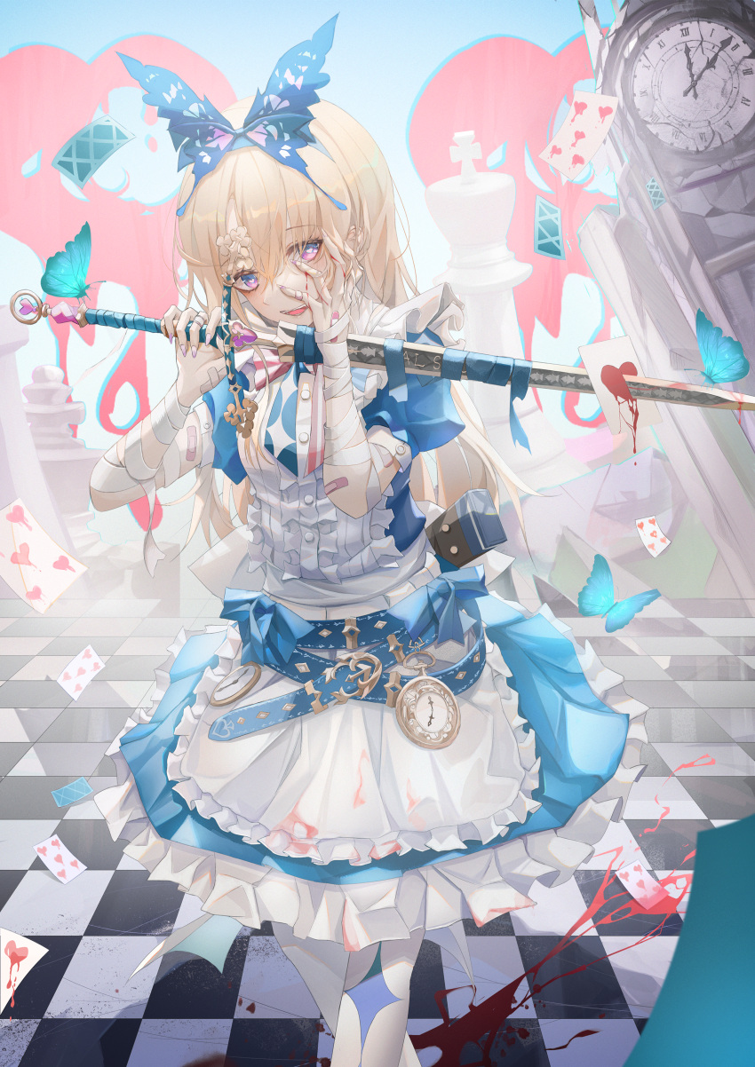 1girl absurdres alice_(grimlight) apron back_bow bandaged_arm bandages bandaid bandaid_on_hand bangs blonde_hair blood blood_on_face blood_on_weapon blue_bow blue_bowtie blue_dress blue_eyes blue_hairband blue_sky blush board_game bow bowtie breasts bug butterfly butterfly_hair_ornament butterfly_wings buttons card chess clock collared_dress crystal_print dress dress_bow fang fingernails floor flying frills grey_apron grey_bow grey_pantyhose grimlight hair_between_eyes hair_ornament hairband hand_on_own_face hands_up heart heart_in_eye highres holding holding_weapon long_fingernails long_hair looking_to_the_side medium_breasts multicolored_bow multicolored_bowtie multicolored_eyes open_mouth pantyhose pinafore_dress pink_bow pink_bowtie pink_eyes playing_card puffy_short_sleeves puffy_sleeves short_sleeves sky smile solo standing striped striped_bow striped_bowtie sword symbol_in_eye teeth tongue turbulence weapon wings