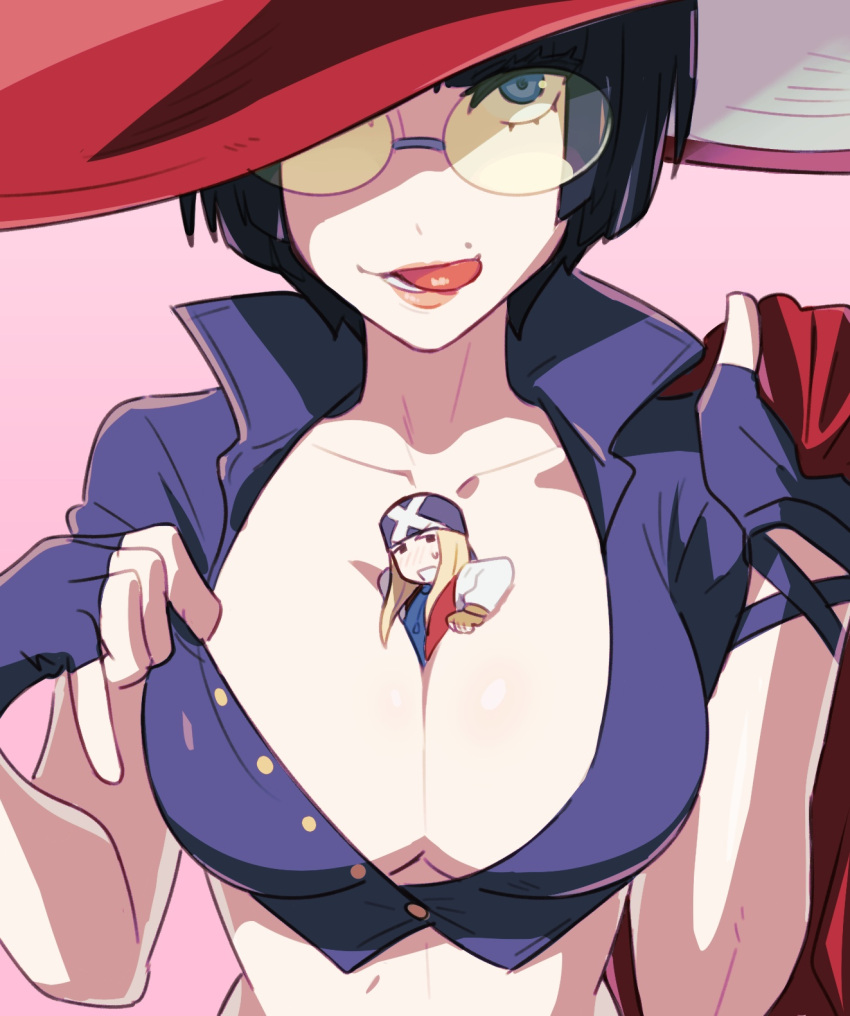 1boy 1girl axl_low bbhdrrr belt between_breasts black_gloves black_hair bob_cut breasts choker cleavage collarbone fingerless_gloves gloves green-tinted_eyewear guilty_gear guilty_gear_strive hat highres i-no jacket large_breasts mole mole_above_mouth open_mouth red_jacket short_hair sunglasses tinted_eyewear tongue tongue_out witch witch_hat