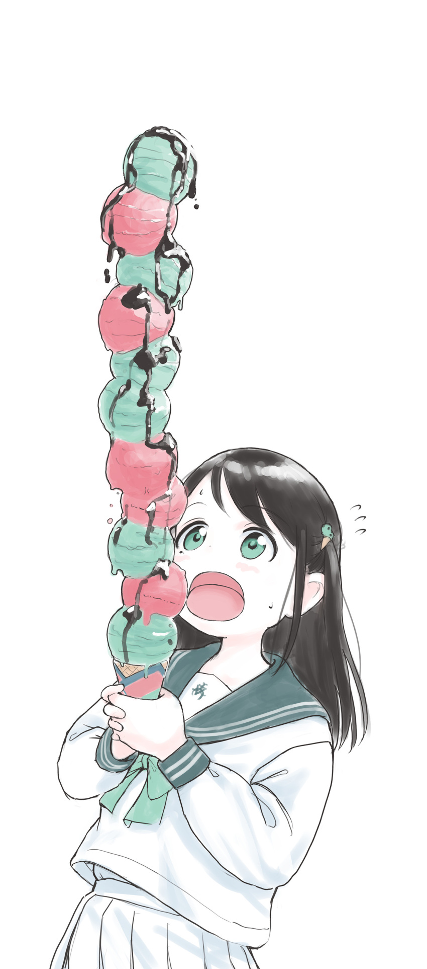 1girl :o absurdres airi_(blue_archive) black_hair blue_archive chocolate_drip commentary food frog_hair_ornament green_eyes green_neckerchief green_sailor_collar hair_ornament highres holding ice_cream ice_cream_cone long_hair long_sleeves looking_up neckerchief notice_lines open_mouth pleated_skirt sailor_collar school_uniform serafuku simple_background single_sidelock skirt solo sweatdrop tamura-chan too_many too_many_scoops upper_body white_background white_serafuku white_skirt