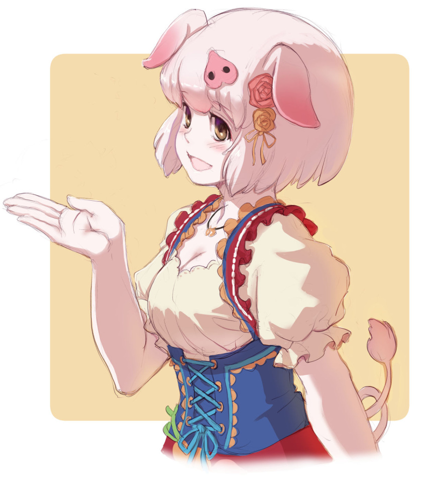 1girl animal_ears blue_corset blush commentary_request corset dirndl dress flower frilled_suspenders german_clothes hair_flower hair_ornament highres kemono_friends kemono_friends_3 kosai_takayuki official_alternate_costume open_mouth pig_(kemono_friends) pig_ears pig_girl pig_hair_ornament pig_nose pig_tail pink_hair puffy_short_sleeves puffy_sleeves red_dress shirt short_hair short_sleeves solo tail upper_body white_shirt yellow_eyes