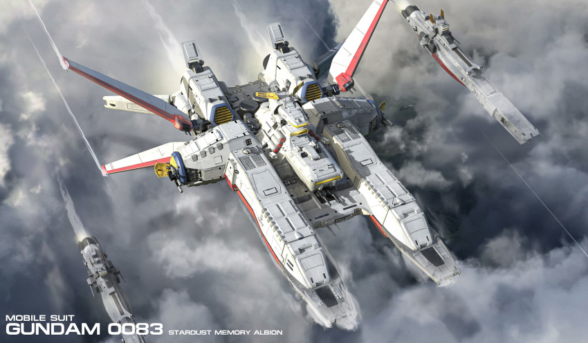 3d absurdres albion_(gundam) cloud contrail energy_cannon english_commentary english_text fleet flying frigate gundam gundam_0083 highres machinery michaellee4 missile_pod no_humans realistic science_fiction spacecraft thrusters title turret