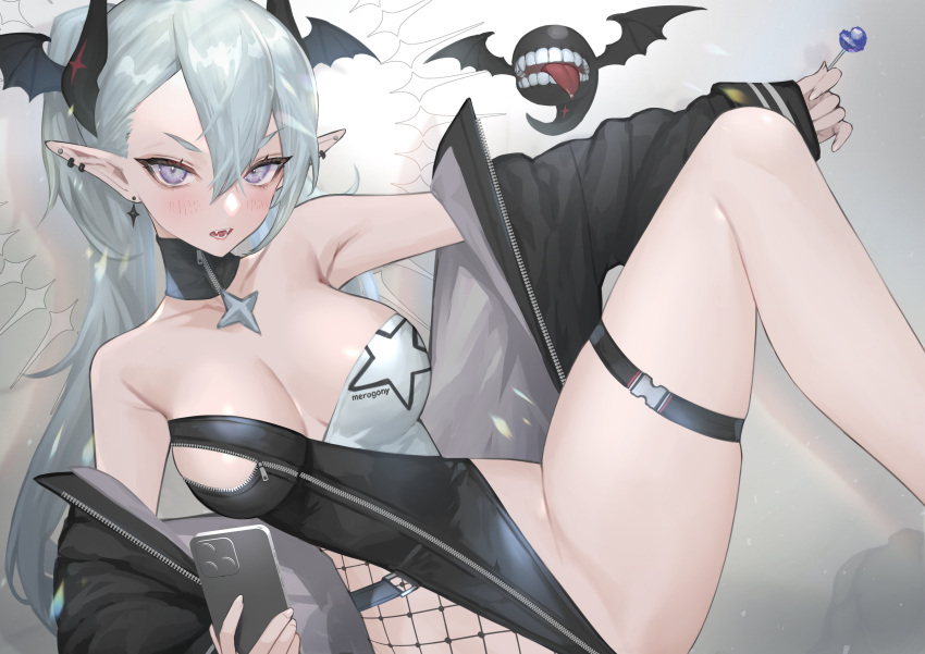 1girl absurdres bangs black_horns black_jacket blush breasts candy cellphone cleavage clothes_writing demon_girl detached_collar ear_piercing earrings familiar fangs fishnets food grey_hair hair_between_eyes head_wings highres hitowa holding holding_candy holding_food holding_lollipop holding_phone horns jacket jewelry large_breasts leotard lollipop long_hair long_sleeves looking_at_viewer multicolored_leotard open_clothes open_jacket original parted_lips phone piercing pointy_ears ponytail purple_eyes race_queen simple_background smartphone spread_legs star_(symbol) teeth thigh_strap tongue very_long_hair wings zipper zipper_leotard zipper_pull_tab