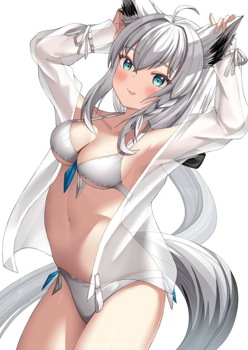 1girl ahoge animal_ear_fluff animal_ears arms_up bangs bikini black_bow blush bow braid breasts commentary earrings fox_ears fox_girl fox_tail green_eyes hair_between_eyes hair_bow highres hololive jewelry koba_(kobako42) long_hair looking_at_viewer medium_breasts navel open_clothes open_shirt see-through see-through_shirt shirakami_fubuki shirt sidelocks simple_background single_braid smile solo swimsuit tail tongue tongue_out touching_ears virtual_youtuber white_background white_bikini white_hair white_shirt