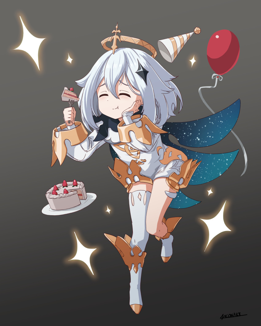 1girl absurdres balloon birthday birthday_cake blue_scarf blush cake cake_slice closed_eyes eating floating floating_object food fork fruit genshin_impact gradient gradient_background grey_footwear grey_hair grey_theme hair_between_eyes hair_ornament halo hand_on_own_face hat highres holding holding_fork paimon_(genshin_impact) party_hat plate ricardo_contreras scarf signature single_thighhigh solo sparkle star_(sky) star_(symbol) strawberry thighhighs wide_sleeves