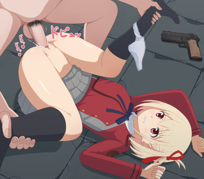 1boy 1girl bangs black_socks blonde_hair blue_ribbon bob_cut clothed_female_nude_male collared_shirt commentary_request cum cum_in_pussy dress grey_dress gun hair_ribbon handgun haniwa_(kiminozorazio) hetero highres kneehighs lycoris_recoil lycoris_uniform lying male_pubic_hair neck_ribbon nishikigi_chisato nude on_back open_mouth panties panties_around_one_leg penis pleated_dress pubic_hair pussy rape red_dress red_eyes red_ribbon ribbon school_uniform sex shadow shirt short_hair socks solo_focus teeth translation_request two-tone_dress underwear vaginal weapon white_panties white_shirt