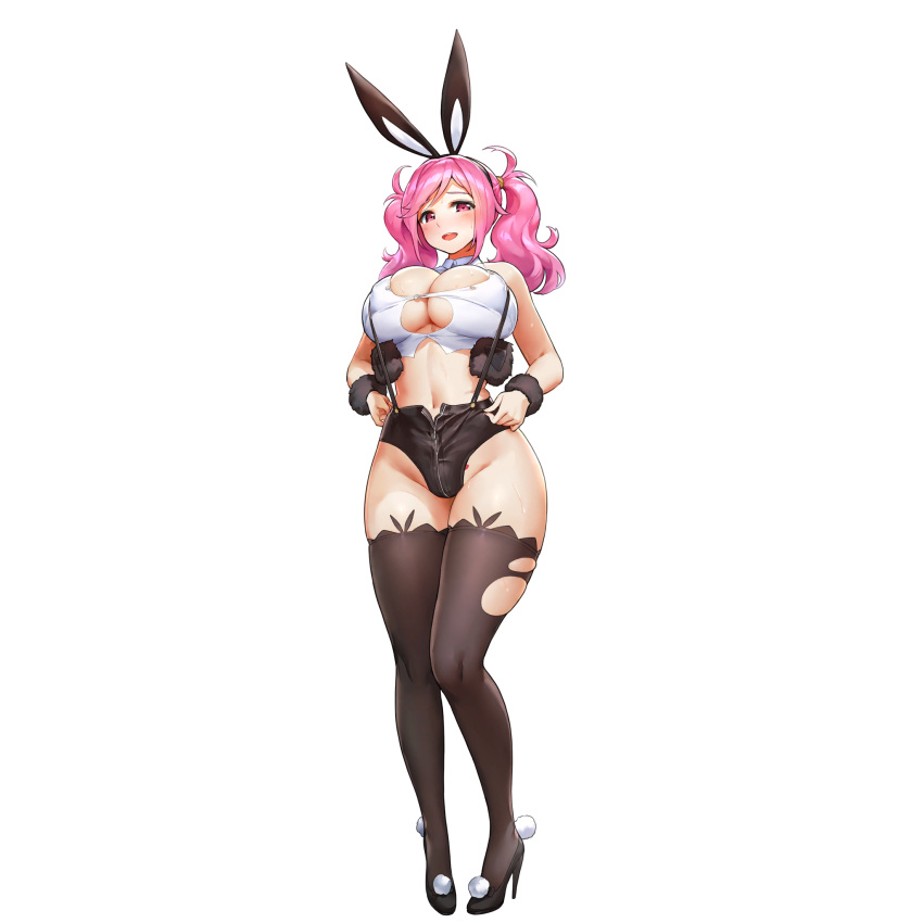 1girl adjusting_clothes adjusting_legwear adjusting_shorts animal_ears bare_shoulders black_footwear blush bracelet breasts brown_thighhighs bursting_breasts carolina_(last_origin) cleavage clothes_pull collared_shirt covered_nipples crotch_zipper fake_animal_ears full_body fur_bracelet game_cg hair_ornament headband heart heart-shaped_pupils high_heels highleg_shorts highres huge_breasts jewelry kakiman last_origin linea_alba long_hair looking_at_viewer navel no_bra official_alternate_costume official_art open_fly open_mouth pink_eyes pink_hair pom_pom_(clothes) rabbit_ears rabbit_girl shirt short_shorts shorts shorts_pull skindentation smile solo speaker suspenders sweat symbol-shaped_pupils tachi-e thighhighs tight tight_shirt torn_clothes torn_legwear transparent_background twintails underboob undersized_clothes wardrobe_malfunction white_shirt zipper