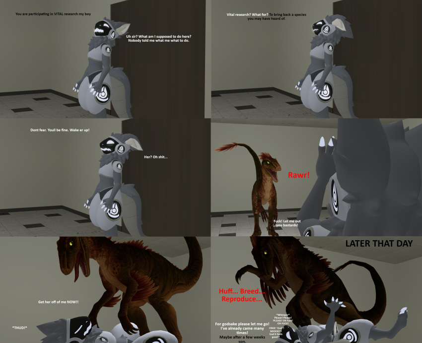 3d_(artwork) absurd_res after_orgasm after_orgasm_torture anthro anthro_on_feral anthro_penetrating anthro_penetrating_feral artic_boy begging_for_mercy begging_to_stop bestiality bodily_fluids breeding_facility breeding_slave calling_for_help comic cum cum_in_pussy cum_inside cum_on_penis digital_media_(artwork) dinosaur dromaeosaurid duo ejaculation english_text feathered_dinosaur feathers female feral feral_penetrated forced genital_fluids genitals hi_res imminent_crying in_heat machine male male/female penetration penis pinned_to_floor possible_impregnation profanity protogen rape reptile scalie scared sex source_filmmaker text theropod velociraptor