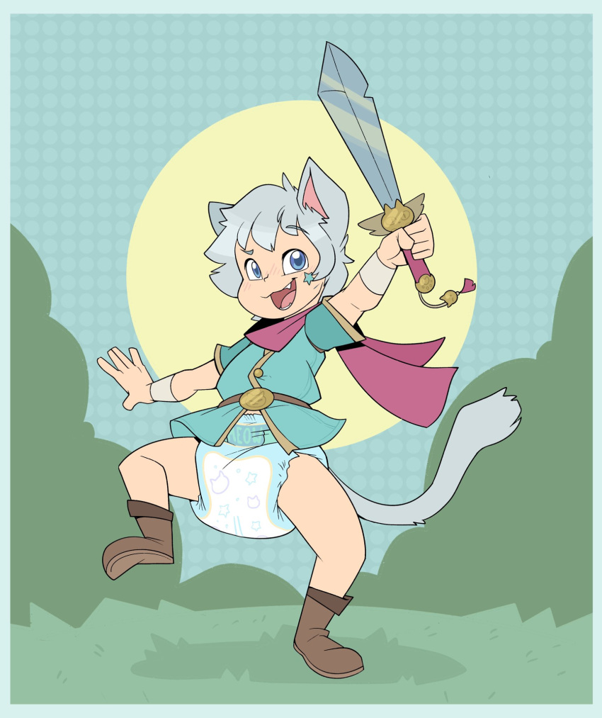 ambiguous_gender animal_humanoid blush boots child clothing cuddlehooves diaper felid felid_humanoid feline feline_humanoid footwear grass hi_res humanoid mammal mammal_humanoid melee_weapon on_one_leg open_mouth plant smile solo standing sun sword teeth tunic weapon young