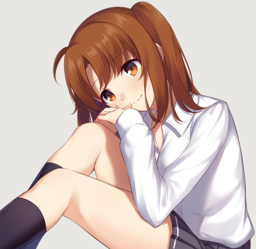 1girl ahoge alternate_costume bangs black_socks brown_eyes brown_hair closed_mouth collared_shirt commentary grey_background grey_skirt highres long_hair long_sleeves miniskirt nemu_mohu parted_bangs pleated_skirt shirt simple_background sitting skirt smile socks solo thighs tsukihime tsukihime_(remake) two_side_up white_shirt yumizuka_satsuki