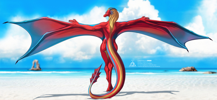 absurd_res anthro beach blonde_hair blue_eyes butt cloud day delta.dynamics detailed_background dragon eztli_(user_55) female hair hi_res horn light looking_at_viewer nude orange_hair pinup pose raised_tail red_body rock scalie sea seaside shore smile solo sunlight tail_motion tailwag user_55 water western_dragon wyvern yellow_body