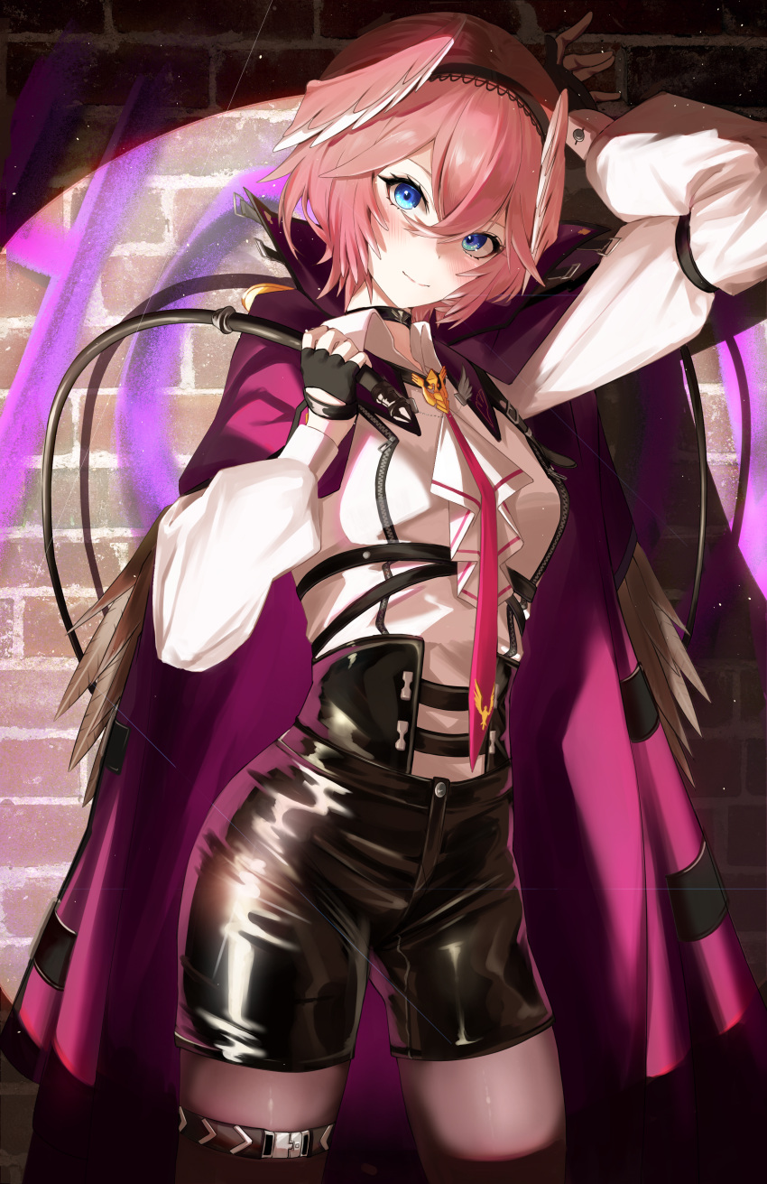 1girl absurdres ascot blue_eyes brick_wall cloak clrawing collared_shirt fingerless_gloves gloves hairband head_wings highres hololive looking_at_viewer necktie pantyhose_under_shorts pink_hair shirt short_hair shorts smile solo spotlight takane_lui virtual_youtuber whip