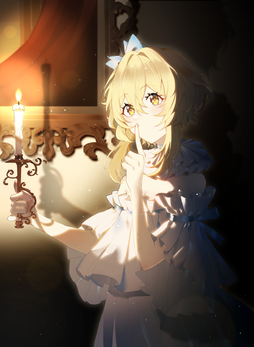 1girl bangs blonde_hair candle candlestand frilled_shirt frills genshin_impact hair_between_eyes highres holding holding_candle index_finger_raised lumine_(genshin_impact) shadow shirt sidelocks solo strapless strapless_shirt white_shirt yan_er10 yellow_eyes