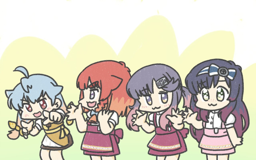 4girls :3 alternate_costume anna_miller black_hair blonde_hair blue_hair bob_cut braid chibi commentary_request etorofu_(kancolle) ferretsan7 gradient_hair green_eyes kantai_collection long_hair looking_at_viewer matsuwa_(kancolle) multicolored_hair multiple_girls orange_hair pink_skirt pointing purple_eyes purple_hair purple_skirt red_eyes red_hair sado_(kancolle) shirt short_hair_with_long_locks side_braid sidelocks skirt smile thick_eyebrows tsushima_(kancolle) twin_braids waitress waving white_shirt