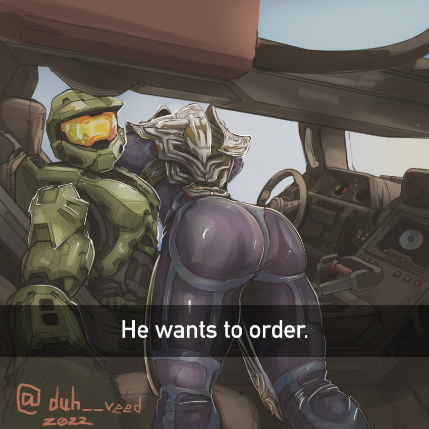 1:1 2022 alien alien_humanoid arbiter_(halo) armor big_butt butt car clothing curvy_figure digital_media_(artwork) driving duhveed duo english_text halo_(series) he_wants_to_order headgear helmet hi_res human humanoid looking_at_viewer male male/male mammal master_chief meme microsoft muscular muscular_male sangheili selfie snapchat suit text tight_clothing url vehicle video_games warthog_vehicle_(halo) xbox_game_studios