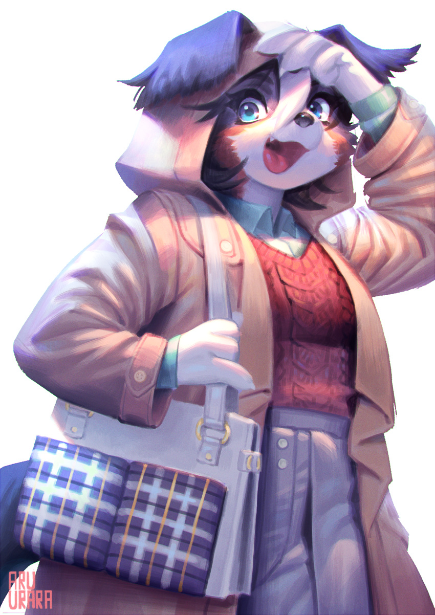 absurd_res anthro aruurara blue_eyes brown_body brown_fur canid canine canis chloe_(aruurara) clothed clothing coat domestic_dog fangs female floppy_ears forelock fur furgonomics handbag happy hi_res hooded_jacket jacket kemono looking_at_viewer mammal multicolored_body multicolored_fur shirt smile solo sweater topwear two_tone_body two_tone_fur white_body white_fur