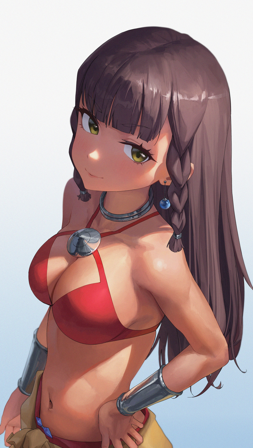 1girl absurdres bangs bingwei_huang blue_background blunt_bangs braid breasts brown_hair choker closed_mouth commentary dark-skinned_female dark_skin dungeon_ni_deai_wo_motomeru_no_wa_machigatteiru_darou_ka earrings gradient gradient_background green_eyes grey_background hand_on_hip highres jewelry long_hair looking_at_viewer medium_breasts navel silver_choker smile solo tan tione_hyryute twin_braids two-tone_background