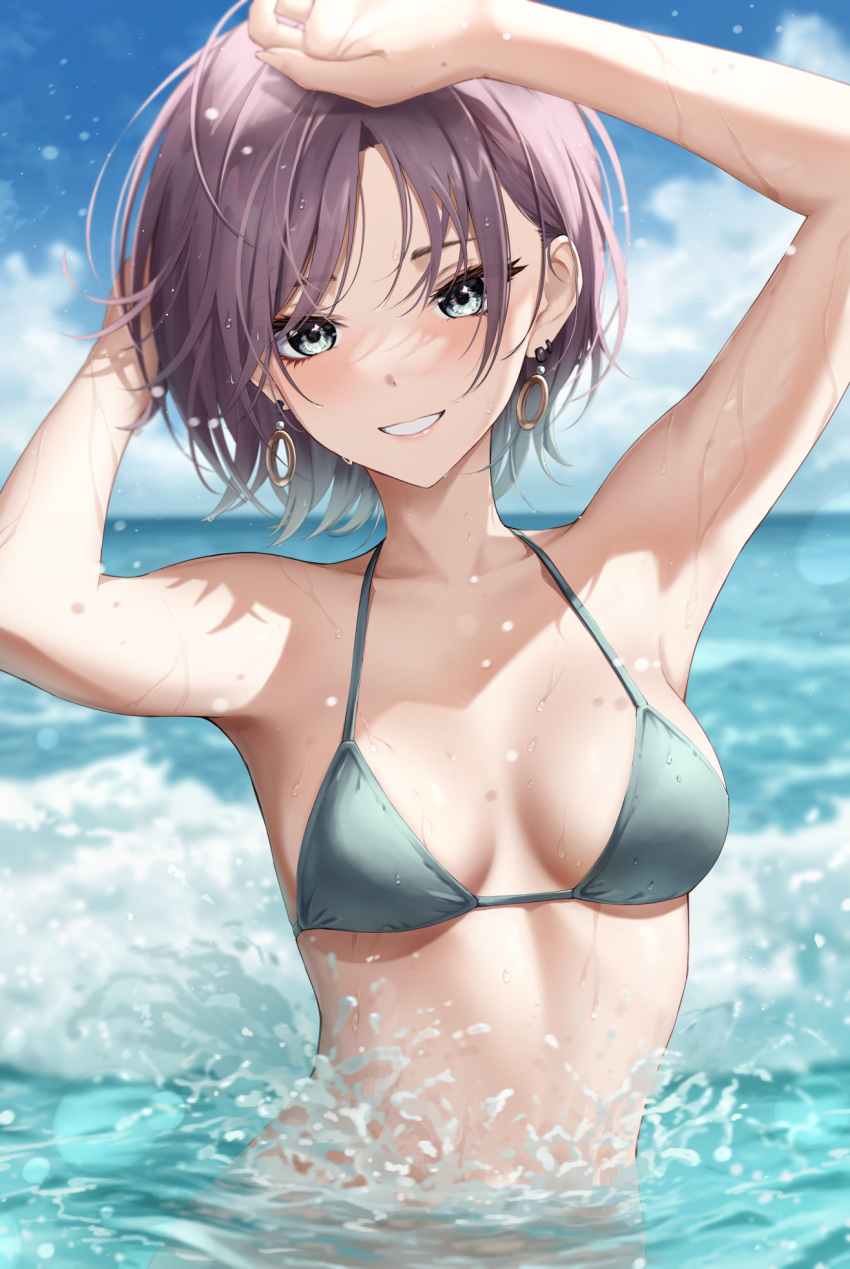 1girl armpits arms_up asakura_toru bare_arms bare_shoulders bikini blue_bikini blue_eyes blurry brown_hair collarbone day depth_of_field earrings grin halterneck highres hoop_earrings idolmaster idolmaster_shiny_colors jewelry looking_at_viewer marinesnow non-web_source ocean outdoors short_hair smile solo stomach string_bikini swimsuit water wet