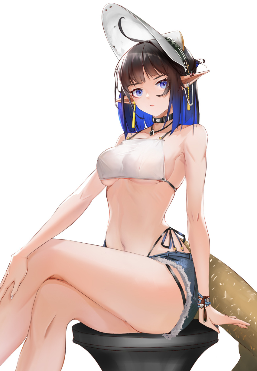 1girl ahoge arknights bangs bare_legs bare_shoulders bikini bikini_top_only bikini_under_clothes black_hair blue_eyes blue_hair blunt_bangs breasts choker closed_mouth collarbone covered_nipples crossed_legs cutoffs denim denim_shorts divine_horse ear_piercing eunectes_(arknights) feet_out_of_frame gradient_hair hand_on_own_leg highleg highleg_bikini highres jewelry large_breasts light_frown lipstick looking_at_viewer makeup multicolored_hair navel necklace piercing pointy_ears short_shorts shorts side-tie_bikini_bottom sideboob sitting snake_tail swimsuit tail thigh_strap underboob visor wrist_wrap