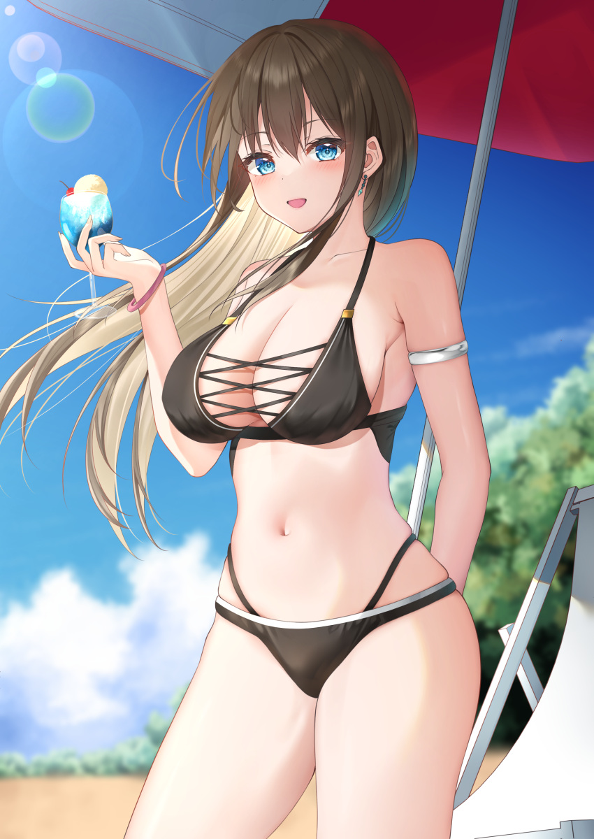 :d absurdres arm_behind_back armlet bare_shoulders beach beach_chair beach_umbrella bikini black_bikini blue_eyes blue_sky blurry blurry_background blush breasts brown_hair cleavage cloud commentary_request contrapposto cowboy_shot cross-laced_clothes day drink earrings floating_hair halterneck highleg highleg_panties highres holding holding_drink jewelry large_breasts lens_flare long_hair nagi_aoi navel original outdoors panties panties_under_swimsuit skindentation sky smile standing stomach summer sunlight swimsuit tropical_drink umbrella underwear wind wristband